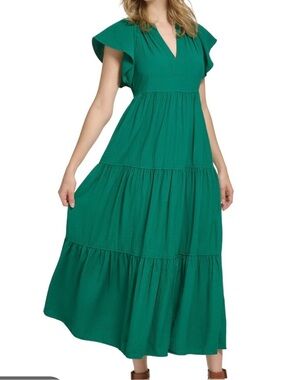 Calvin Klein Emerald Green Tiered Maxi Dress with Flutter Sleeves